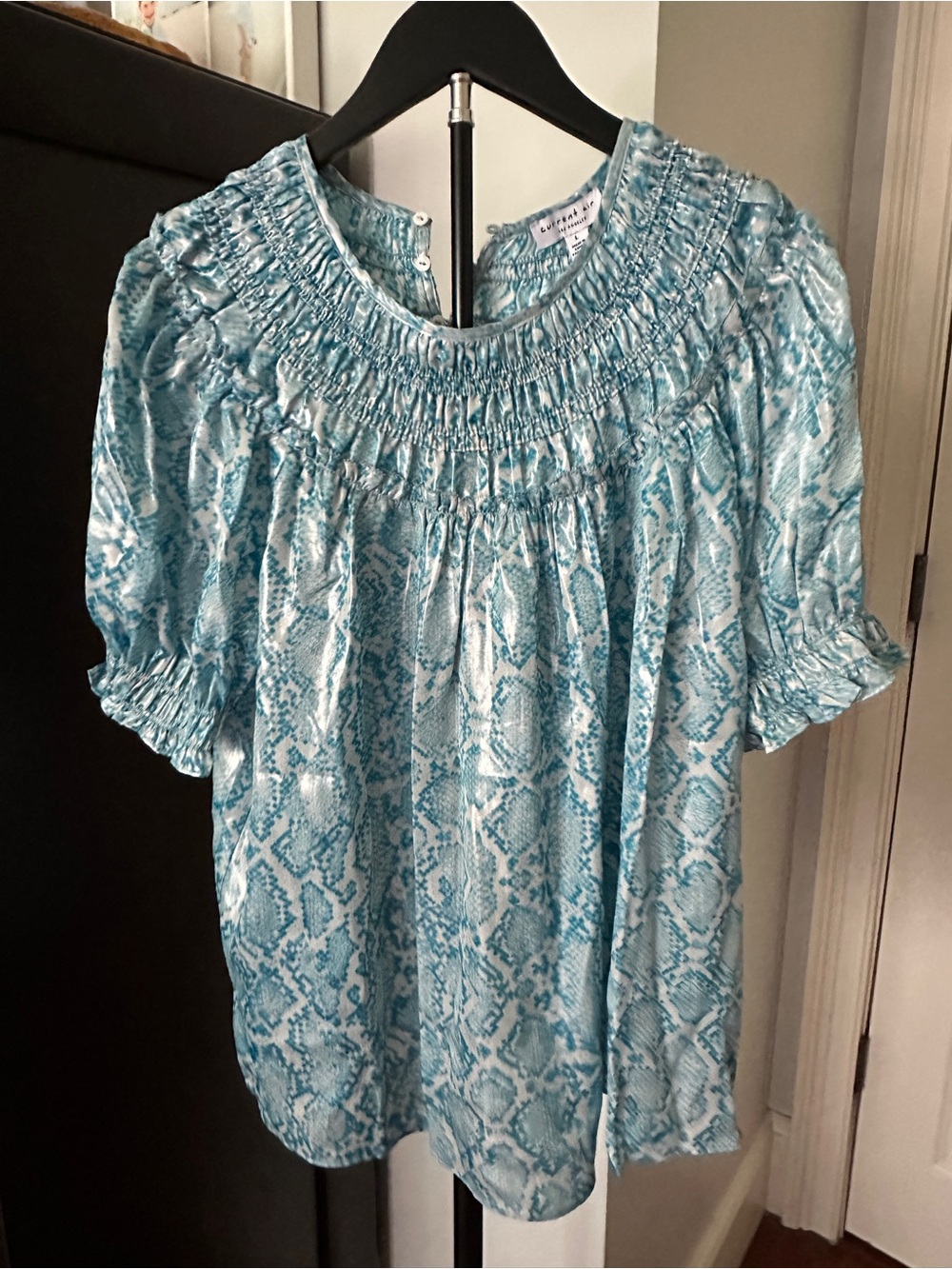 NWT Current Air Light Blue Snake-Print Smocked Neck Blouse